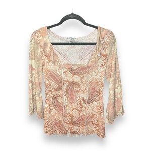 Vintage 90s Y2K l.e.i Paisley Mesh Bell Sleeve Lettuce Edge Ruffle Top Sz Large
